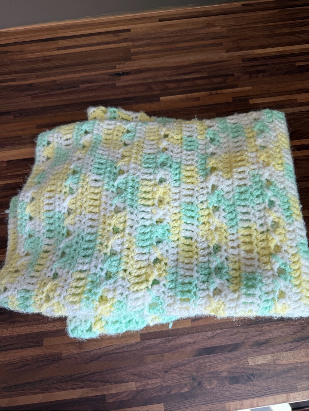 Handmade Crocheted Baby Blanket in Pastel Yellow, Mint & White